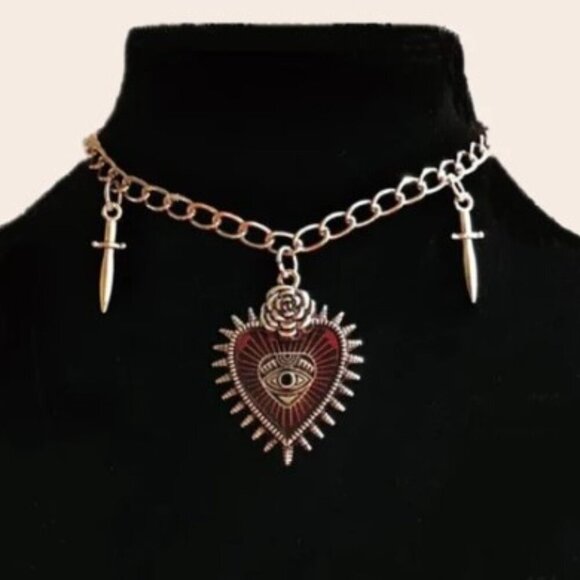 Vintage Goth Red Heart & Evil Eye Alloy Necklace & Gothic Rabbit Earrings - Picture 3 of 5